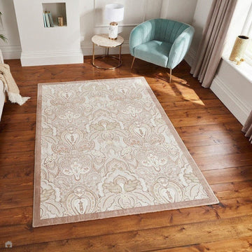 Laurence Llewelyn-Bowen Damask Modern Floral Ornate Abstract Border Metallic Shimmer Soft-Touch Smooth Textured Polyester Low Profile Short Pile Beige/Bronze/Blush/Terracotta Rug-Think Rugs-Rug Love - The Most Loved Rug Store